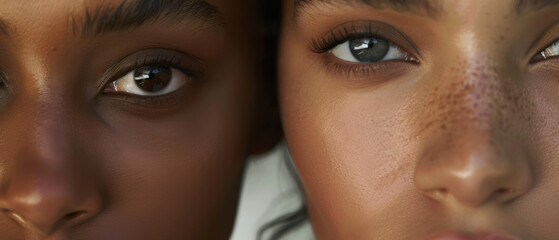 A close-up of two women's faces, focusing on their eyes and skin, highlighting their contrasting features.