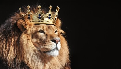 king lion wearing a crown isolated on black background