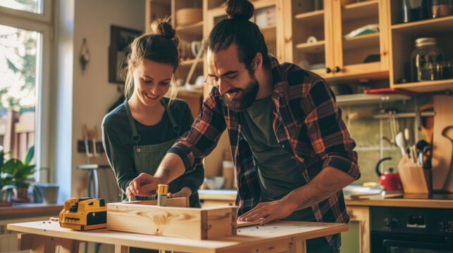 Happy Young Couple Working Together on DIY Cupboard Project in Modern Apartment