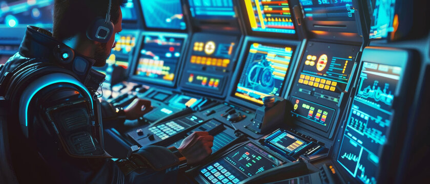A specialist operates advanced computerized equipment in a futuristic control room filled with screens and dynamic data displays.