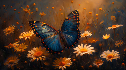 colorful blue tropical morpho butterfly on delicate daisy flowers painted with oil paint.