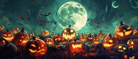 Creepy pumpkin patch under a full moon