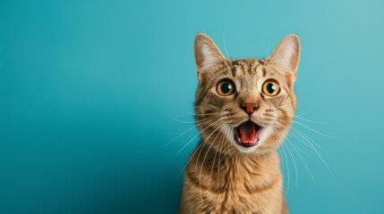 Obraz premium A surprised cheerful cat shows a like on a flat background poster.