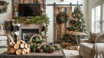 A rustic Christmas tree decorated with pine cones, berries, and string lights is featured in a living room setting, complete with a fireplace, a couch, and a sliding barn door