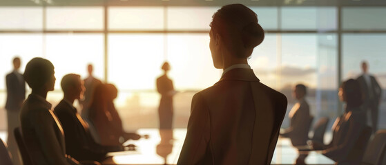 A silhouette of a woman stands before a boardroom full of professionals, presenting during a meeting as soft daylight glows through the windows.