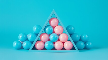 assorted pink blue pastel balls inside triangular niche isolated on blue background