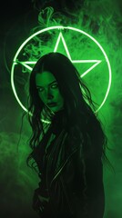 Fototapeta premium a woman in black leather jacket with green smoke