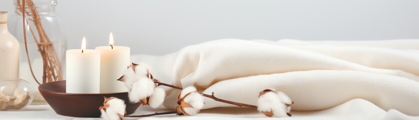 Organic cotton home wear with aroma candle on the white blanket