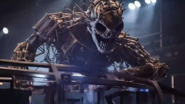 Futuristic Cyborg Skull in Dark Industrial Setting