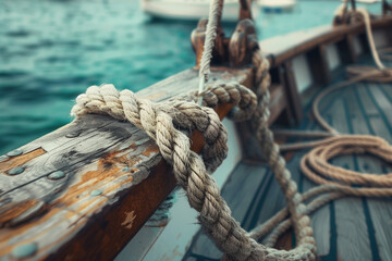 Fototapeta premium Close up of ropes on a wooden boat