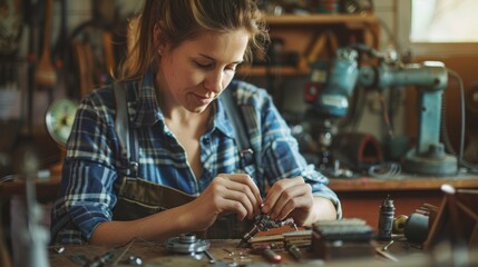A woman, wearing a plaid shirt, carefully solders a piece of jewelry in her workshop, her tools and workbench surrounding her - Powered by Adobe