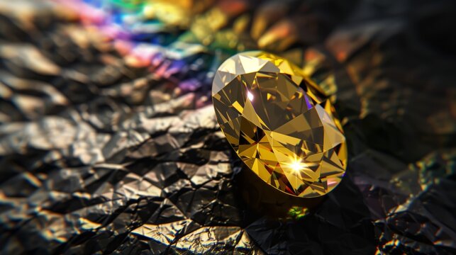 yellow diamods, oval form, top view, black background with rainbow.