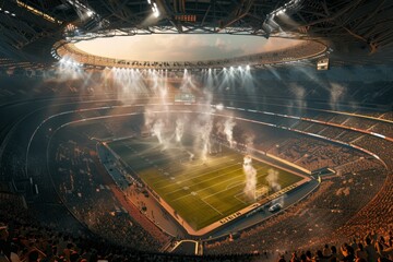a soccer stadium with smoke coming out of the ceiling
