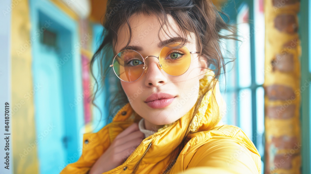 Wall mural Young woman in a yellow jacket and round sunglasses smiles for a selfie in front of a colorful background