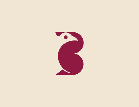 A minimalist bird logo is depicted in dark red against a light beige background in letter B 