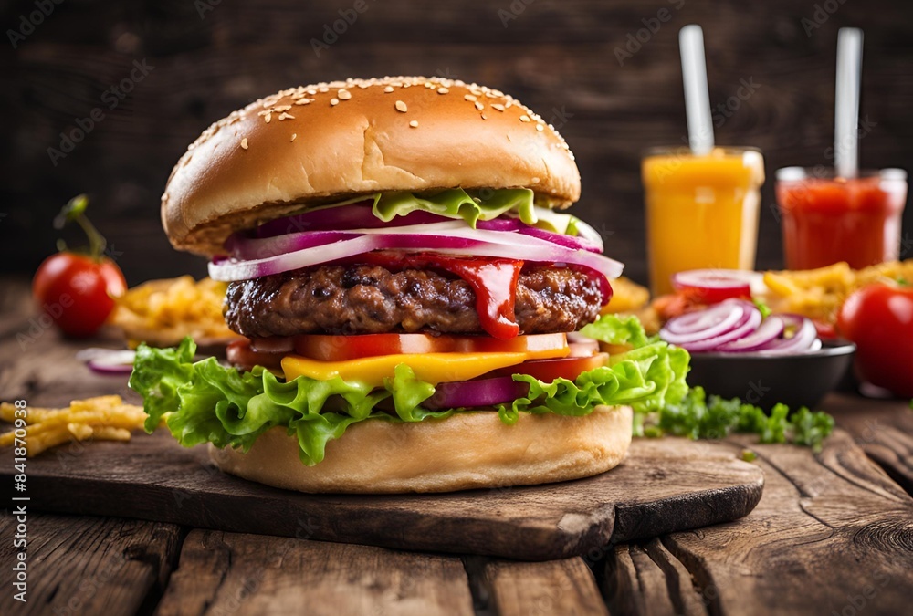 Wall mural Tasty burger on wooden table with professional Background. - Wall murals