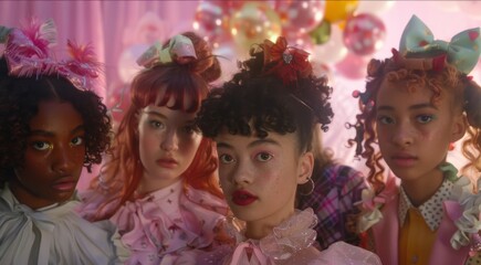 Fototapeta premium Whimsical Gen Z Gathering in a Dreamy Ambience. Generation Z friends adorned with whimsical accessories, captured in a rosy-hued setting that emanates a fairytale-like charm and youthful spirit.