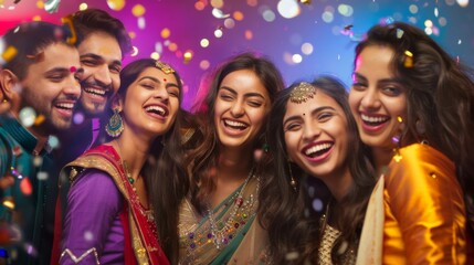 A lively group of friends, adorned in vibrant traditional attire, captures the joyous spirit of Diwali, the festival of lights, in a whirlwind of color and celebration.