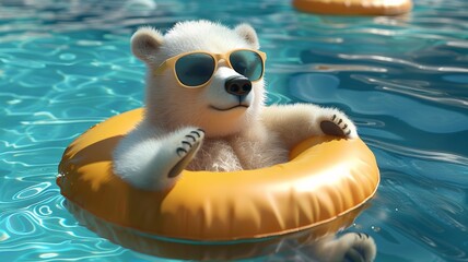 A Cute Polar Bear Relaxing In A Pool Float, Wearing Sunglasses, And Enjoying Summer
