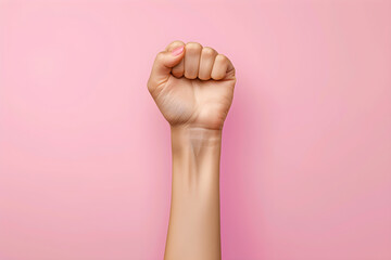 Female fist with gender female sign on pink background, symbolizing girl power and solidarity in the feminist movement, suitable for 8 march concept and feminist activism.