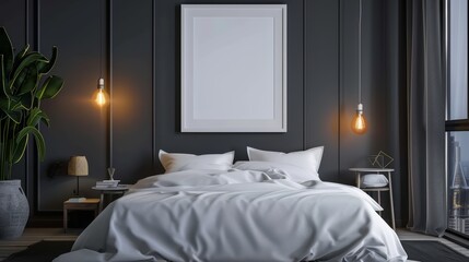 Stylish Bedroom Mock-Up with Modern Decor and Cozy Bedding Suitable for Design Projects. Perfect for showcasing interior design projects with a modern and cozy bedroom setup