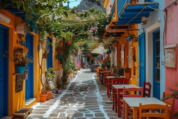 Fototapeta premium View of an old cozy street in Greece or Turkish with tables
