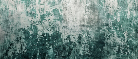 An urban mural with distressed green and white paint effects showcases an eclectic mix of textures and visual drama.
