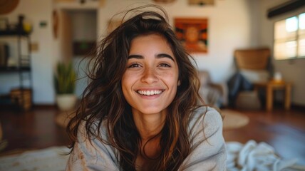 Smiling Woman with Long Brown Hair in a Cozy Home Setting
