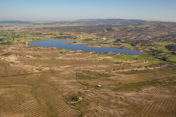 High angle aerial view of Phrygian Valley and the unique view of Lake Emre from the air in Afyonkarahisar, Turkiye.