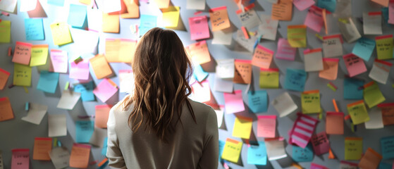 A woman stands facing a wall covered with various colorful sticky notes, surrounded by an air of contemplation and creativity.