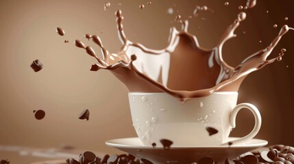 cup of chocolate creamy milk with splash effect isolated. copy space