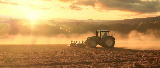 Fototapeta premium A lone tractor plows a field at dawn, with the morning sunlight casting a golden glow over the rural landscape, illustrating the timeless essence of farming life.