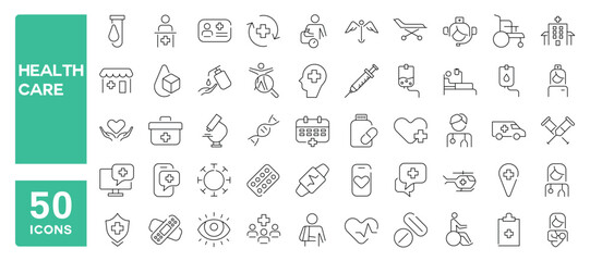 Set of 50 line icons related to healthcare, medical, doctor, nurse, emergency, Editable stroke. Vector illustration
