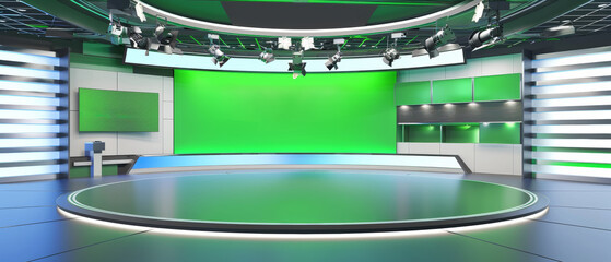 A futuristic green screen studio setup with multiple lights, a circular stage, and modern decor for filming or broadcasting.