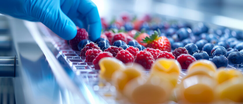 A gloved hand carefully selects fresh berries from a tray, highlighting quality control in a food processing environment. - Powered by Adobe