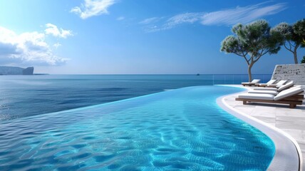 Fototapeta premium Luxury Infinity Pool Overlooking the Ocean with Lounge Chairs on a Sunny Day
