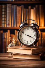 Naklejka premium A clock sits on a table next to a stack of books