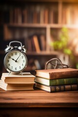 A clock sits on a table next to a stack of books