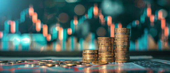 Stacked golden coins rise against a vibrant backdrop of financial charts, symbolizing growth and wealth.