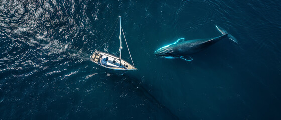 Naklejka premium An aerial shot of a sailboat navigating near an enormous whale in the deep blue ocean, capturing a breathtaking encounter between human and nature.