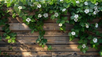 White flowers with green leaves growing on a rustic wooden wall in a garden setting illuminated by soft sunlight - Powered by Adobe