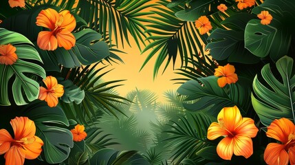 Tropical flowers and lush green leaves framing a warm yellow background creating a vibrant and exotic botanical scene
