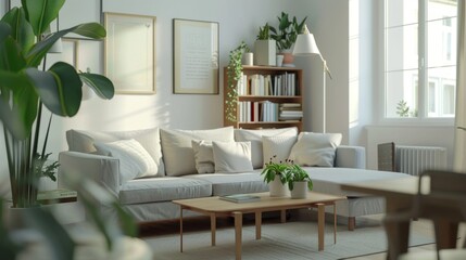 Fototapeta premium Cozy Modern Living Room with Indoor Plants and Natural Light, Generative AI