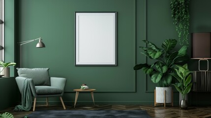 Poster frame mockup in dark olive color living room interior.