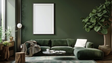 Poster frame mockup in dark olive color living room interior.