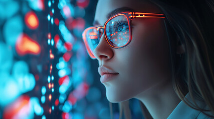 Futuristic woman with glowing glasses analyzing data, representing cyber technology, programming, and data analysis.