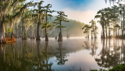 misty morning swamp bayou scene of the american south featuring bald cypress trees and spanish moss in caddo lake texas