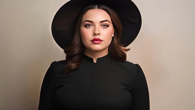 confident plus-size woman posing in a white studio,