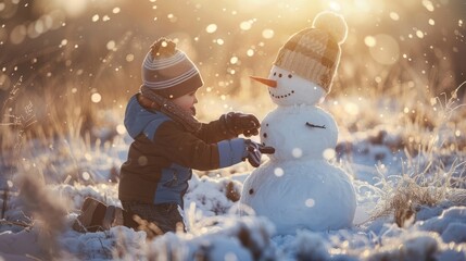 Winter landscape with a child making a snowman