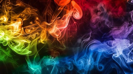 Obraz premium Vibrant abstract rainbow smoke swirls on black background
